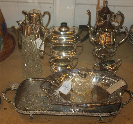 Silver-mounted toilet bottle, plate-mounted claret jug, sundry plated wares, etc.